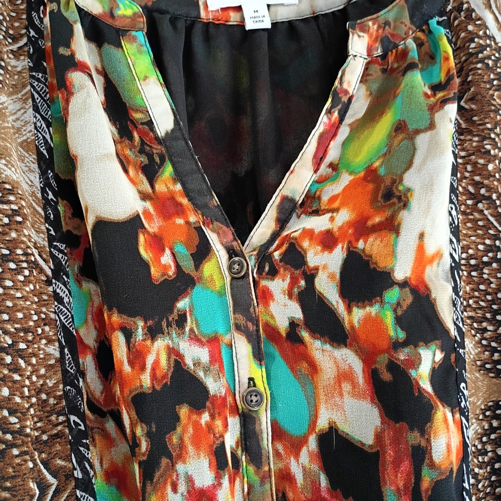 Calvin Klein Blouse Women M‎ Multicolor Abstract Chiffon Tunic Button 3/4 Sleeve - Picture 7 of 9